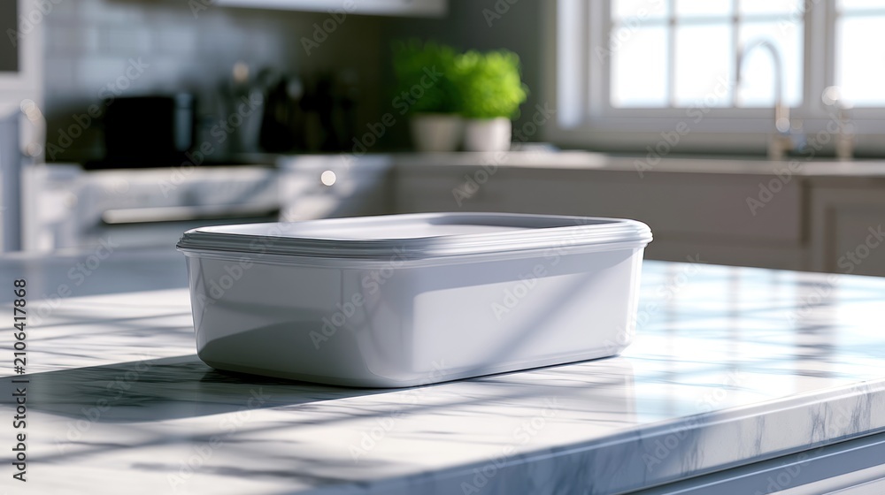 Fototapeta premium White container on marble countertop with sunlight streaming through kitchen window, plant in background