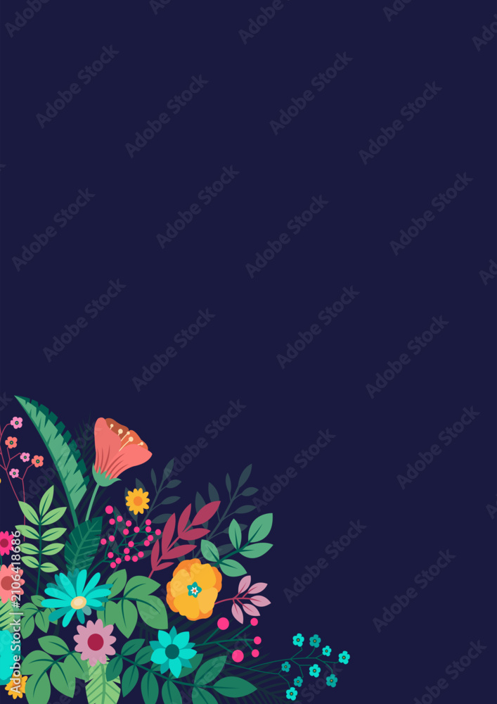 Obraz premium Vector flat illustration featuring a vibrant floral border with various colorful flowers and green leaves on a dark background, suitable for design projects, invitations, and banners.