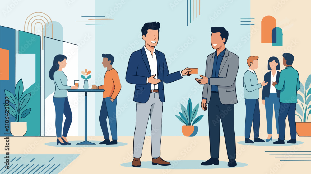 Obraz premium Flat design illustration of business professionals networking and exchanging cards