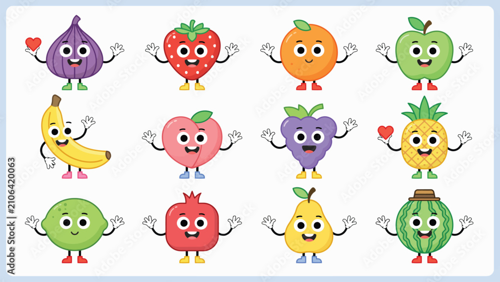 Obraz premium Cute cartoon fruit character mega collection set flat vector illustration with strawberry orange apple and watermelon