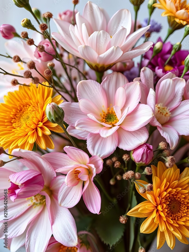 Fototapeta premium Vintage floral arrangement with delicate petals and stems, illustrations, elegant
