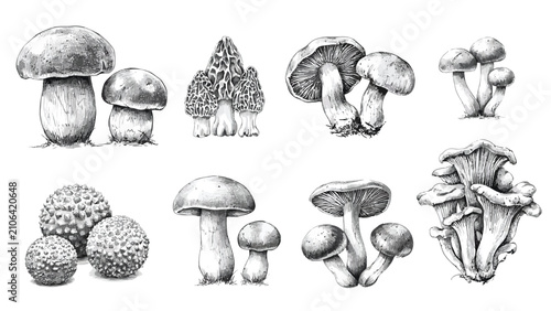 Fotografía Hand drawn vintage mushrooms sketch collection set with morel puffball and chant