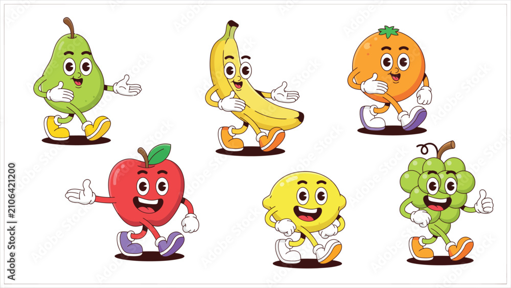Obraz premium Vintage retro cartoon fruit characters collection set with pear banana orange apple lemon and grapes vector illustration