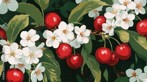 Cherry blossoms and ripe red cherries. Spring fruit tree branches with white flowers.