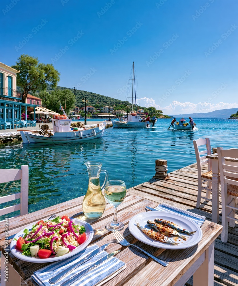 Fototapeta premium Enjoying fresh seafood lunch by the clear blue sea overlooking a traditional greek harbor with fishing boats