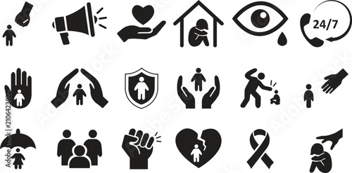 Foto Child Abuse and Protection Icons Collection Group Set Premium Fill Black Vector