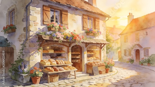 Charming European village bakery store front with fresh bread in warm sunlight, watercolor illustration
