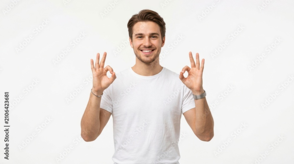 Fototapeta premium Smiling young man in a white t-shirt showing an ok gesture with both hands looking at the camera with a happy face