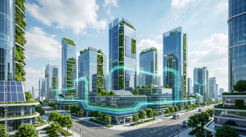 Futuristic green smart city skyline with eco-friendly skyscrapers and solar panels, connected by glowing blue energy lines representing sustainable urban technology infrastructure.