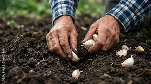 Elderly hands planting garlic cloves into rich dark soil garden with wrinkled hands placing cloves prepared agriculture cultivation sustainable