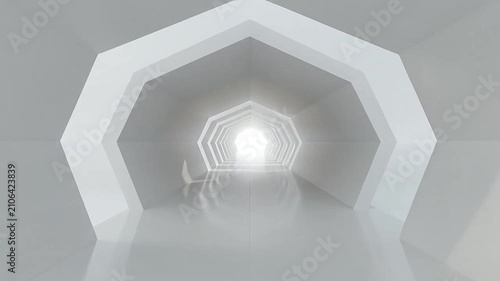 A bright white futuristic corridor with geometric archway structures
