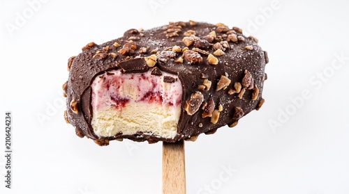 frozen dessert snack treat stick pop sweet cacao fudge coating shell nuts almonds peanuts crunchy bitten bite layered strawberry raspberry berry fruit vanilla dairy milk summer