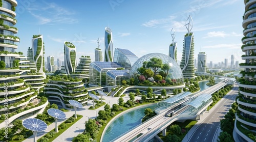 Futuristic eco city concept with vertical gardens green architecture sustainable urban planning and renewable energy integration