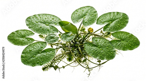 water plant aquatic leaves nature droplets drops dew fresh wet isolated white background flora botanical pnd pond growth stems roots yellow flower blossom bud vibrant close-up