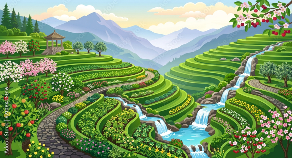 Fototapeta premium Lush green rice terraces with cascading waterfalls, scenic mountain valley landscape vector, blooming spring orchard and tea plantation garden