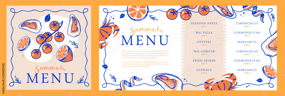 Obraz premium Mediterranean summer restaurant menu design with lemons, oysters and crab. Hand drawing design. Vector illustration