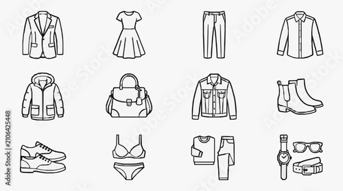 Fotografía Professional Black and White Line Drawing Set of Clothing and Accessories for Fa