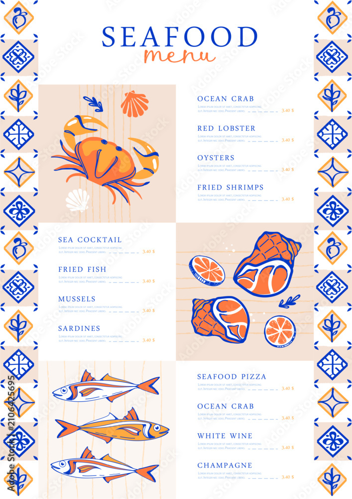 Obraz premium Mediterranean restaurant seafood menu design with Italian yellow and blue tile. Hand drawing design. Vector illustration