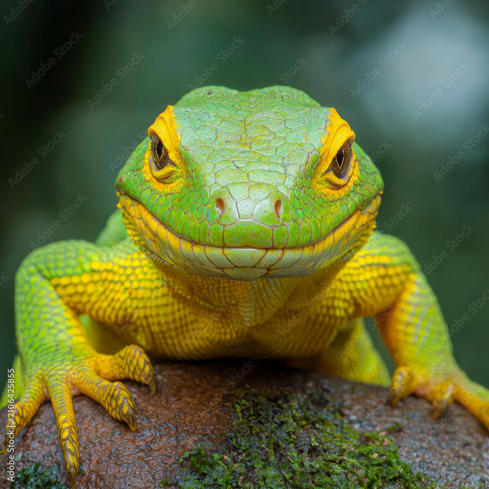 Fototapeta premium Frontal portrait of a vivid green and yellow lizard with striking eyes, its scaly skin visible, perched on a mossy surface