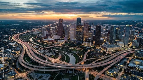 Aerial view of a modern city skyline during a golden sunset