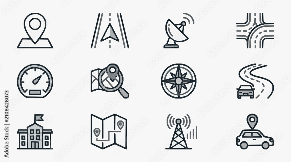 Fototapeta premium Professional Black and White Line Icons Set Featuring Navigation Communication and Location Based Symbols