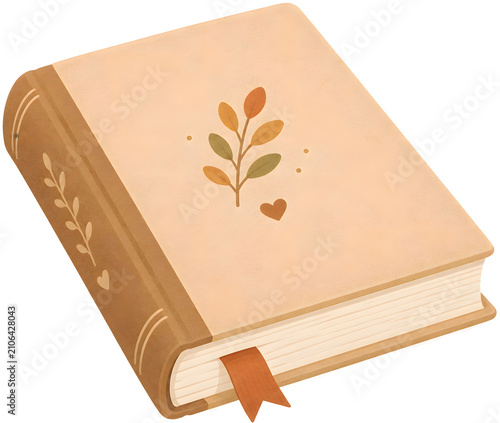 Closed Botanical Hardcover Book with Bookmark Isolated on Transparent Background