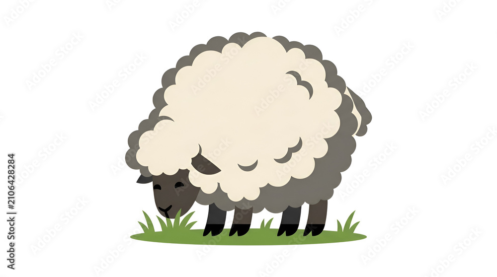 Obraz premium Cute fluffy sheep with thick fur coat vector grazing on grass