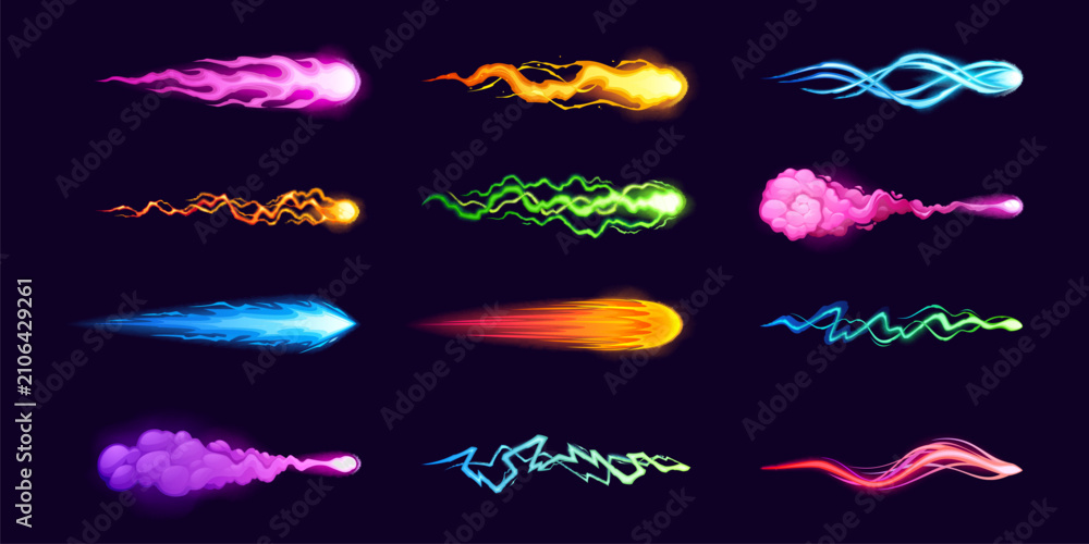 Fototapeta premium Gun blast effects with cartoon flame trails and energy beams for game design. Laser shots, magic lightning bursts and colorful vfx elements. Comic sprites with plasma rays and fantasy power attacks.