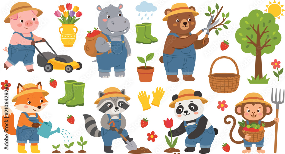 Obraz premium Cute Cartoon Animals Gardening Vector Character Set for Kids Nursery Stickers and Educational Prints