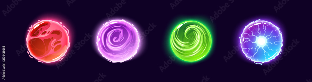 Naklejka premium Magic energy ball with glowing plasma sphere and crystal light effect. Mystical orb icon with neon purple and green glow, electric lightning sparks. Fantasy game elements on isolated background.