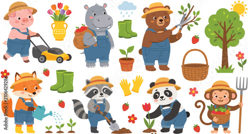Canvas Print Cute Cartoon Animals Gardening Vector Character Set for Kids Nursery Stickers an