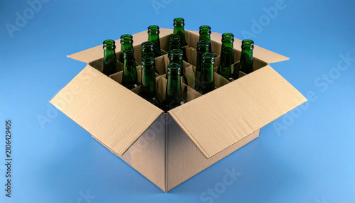 Green glass bottles arranged in a cardboard packaging box ready for distribution