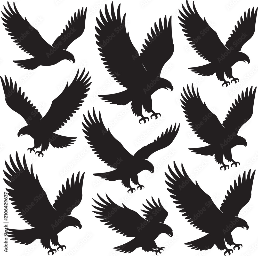 Fototapeta premium Eagle silhouette set with flying predator birds for mascot logo design