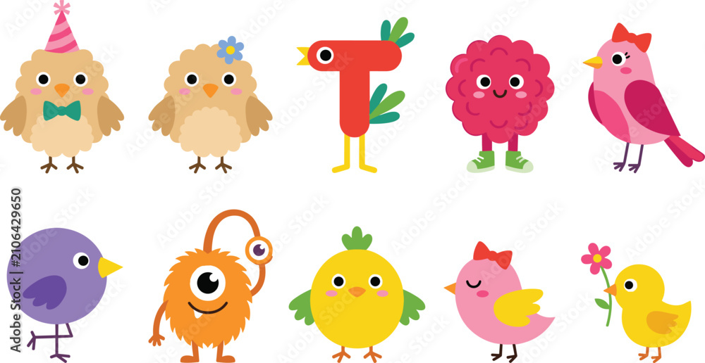 Naklejka premium Cute Cartoon Bird and Little Monster Character Set Featuring Colorful Avian Species and Mascot Elements,