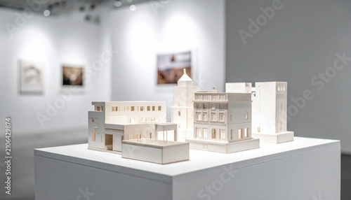 Intricate architectural models displayed on a pristine white pedestal in a well-lit gallery setting, showcasing detailed building designs.