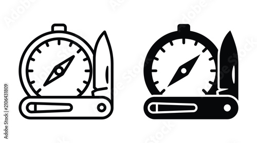 Compass and folding knife camping travel tool icon with survival navigation adventure equipment multitool direction orientation wilderness accessory instrument