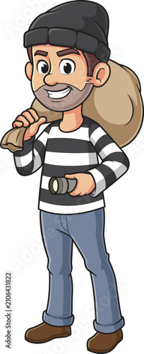 Quadro su tela Cartoon thief with flashlight vector illustration