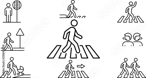 Bild auf Leinwand Pedestrian crossing and urban road safety traffic thin line icons set isolated o