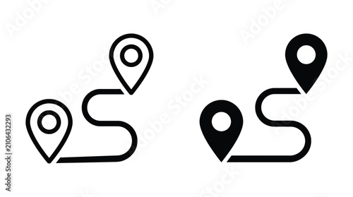 Map pins and path route icon set with location navigation direction destination collection tracking position geography distance transport logistics silhouette