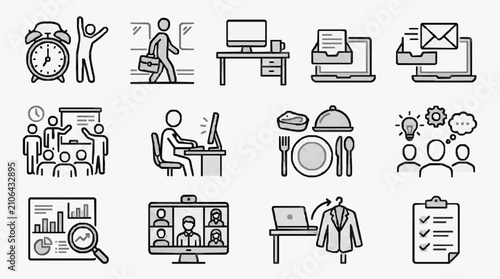 Obraz na płótnie Professional Black and White Line Icons Set Featuring Workday Meetings Travel an