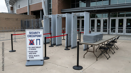Stadium Security Checkpoint Entrance with Metal Detectors and Bag Search Area for Event Safety Management