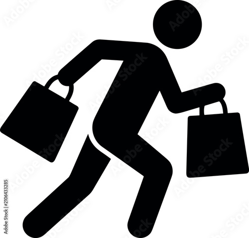 Fotografie Running man with shopping bags black stick figure icon isolated on white backgro