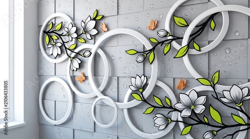 3d wallpaper design with white circular frames, magnolia flowers, green leaves, and orange butterflies on a grey tiled background with water droplets