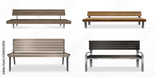 Bild auf Leinwand Wooden park benches with backrest, 3d realistic vector illustration isolated on transparent background, front view