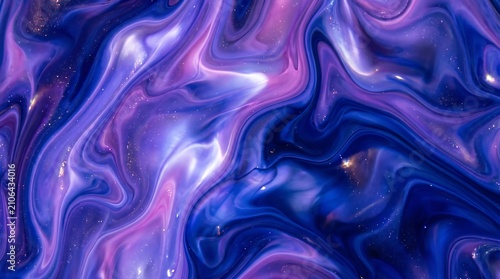 Abstract fluid art background with swirling purple and blue colors, creating a cosmic or nebulalike effect with shimmering glitter particles