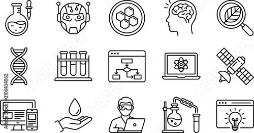 Science laboratory and digital technology research thin line icons set isolated on white background