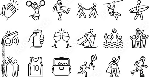 Sports entertainment recreation and outdoor team activities thin line icons set isolated on white background