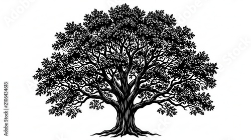 Black and white hand drawn illustration of a large oak tree with spreading branches and detailed leaves for design
