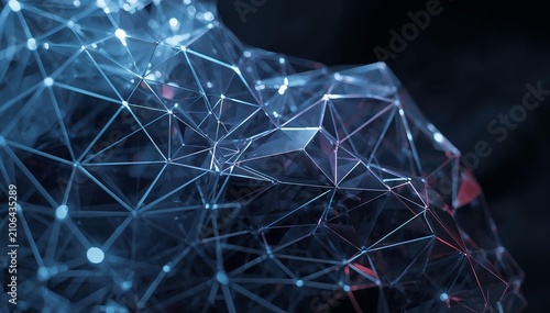 Abstract futuristic network visualization featuring interconnected nodes, glowing connection points, and geometric polygonal structures on a dark technology background. The image represents artificial