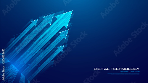 Technological breakthrough or business growth. Vector illustration with futuristic bright luminous arrows formed by printed circuit board lines. Development success or market expansion concept.